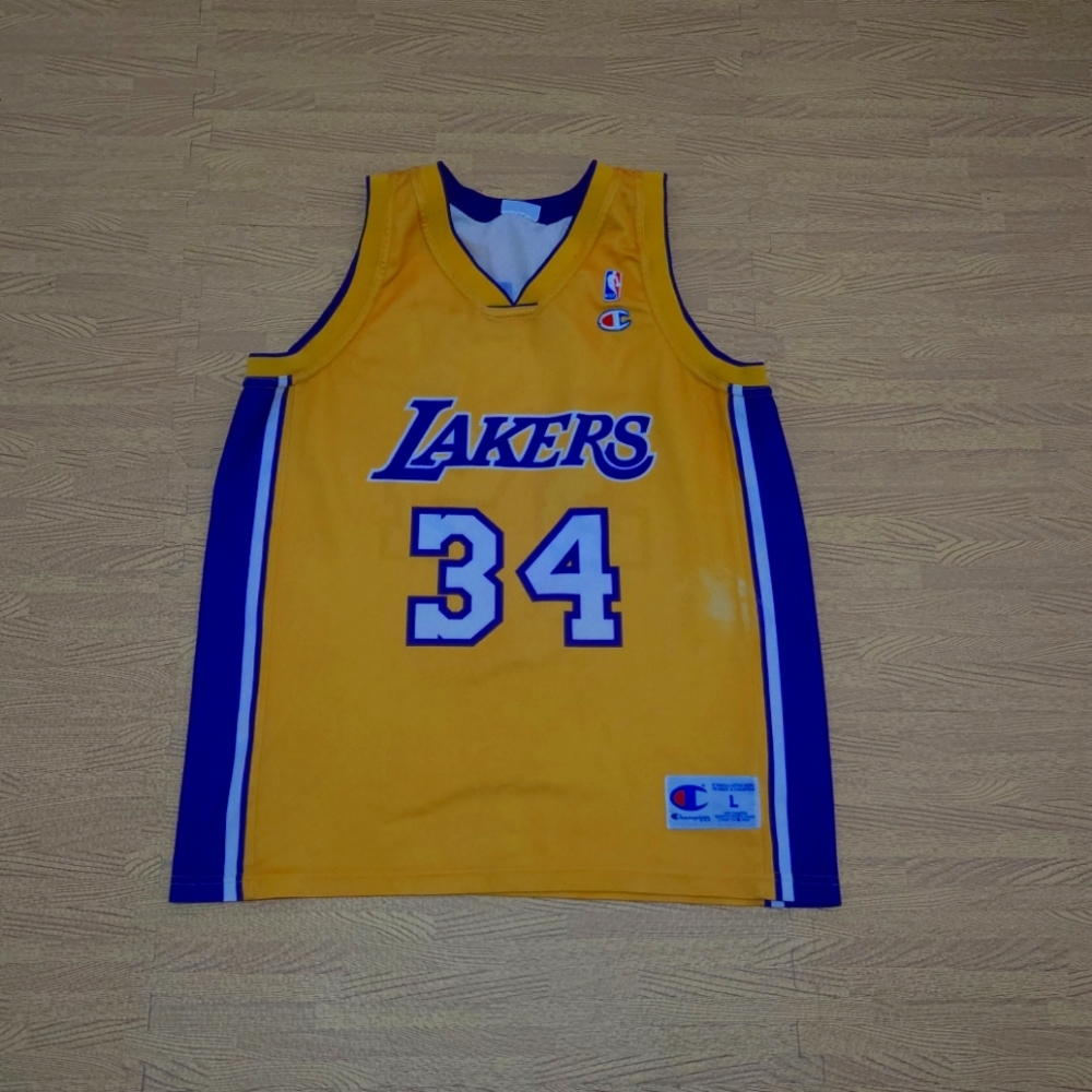 Vintage Shaquille O'Neil LA Lakers Champion Jersey Yellow Purple #34 Large - Picture 1 of 12